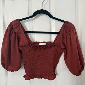 Active USA Burgundy Smocked Puff Sleeve Blouse